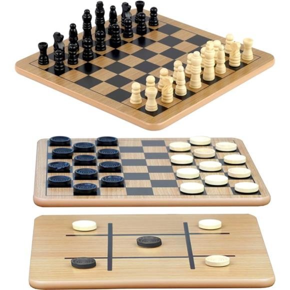 Reversible Wooden Board for Chess,Checkers & Tic-Tac-Toe -24 Interlocking Wooden - Picture 1 of 6